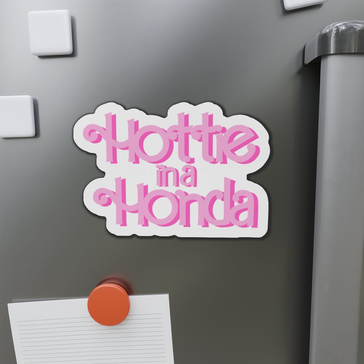 Hottie in a Honda Car Magnet, Trendy Refrigerator Decor, Fun Gift for Car Enthusiasts, Pink Die-Cut Magnet, Cute Home Accessories