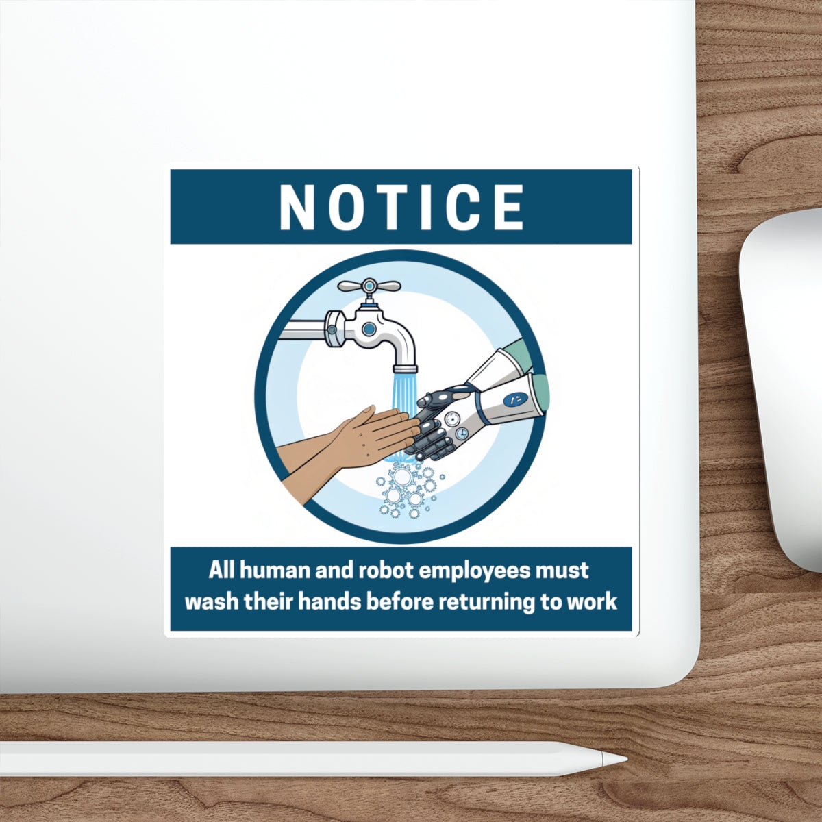 Employees Must Wash Hands | Humorous Notice Die-Cut Stickers | Robot & Human Hygiene Reminder, Funny Office Decor, Workplace Humor