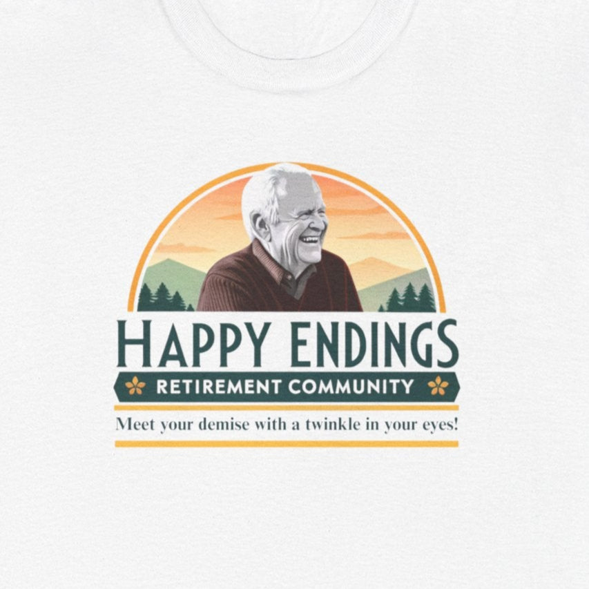 Retirement Community Tee - Happy Endings Fun Shirt, Unisex Cotton Tee, Gift for Retiree, Retirement Party Tee, Humor Shirt