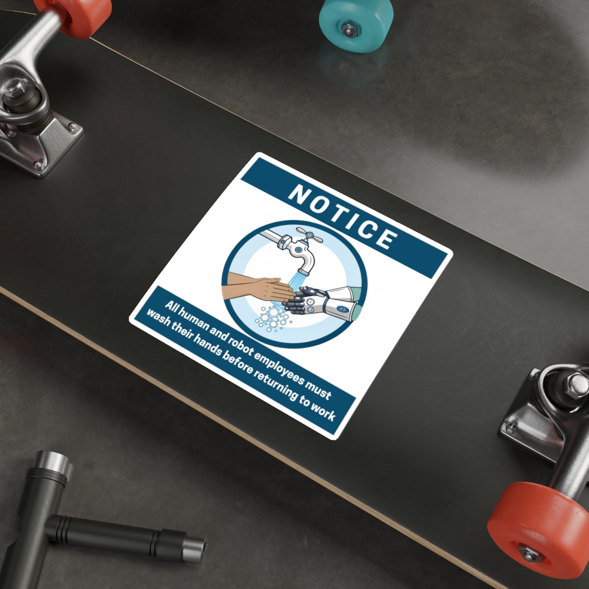 Employees Must Wash Hands | Humorous Notice Die-Cut Stickers | Robot & Human Hygiene Reminder, Funny Office Decor, Workplace Humor