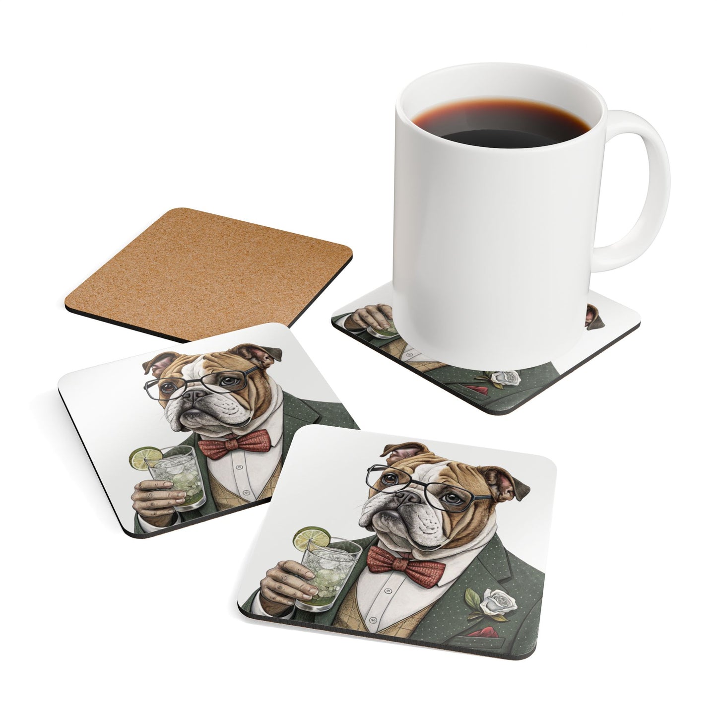 Hair of the Dog "Bulldog" Stylish Dog-Themed Cork Coaster Set, Bulldog Coasters, Home Bar Decor, Dog Lover Gift, Unique Housewarming Present