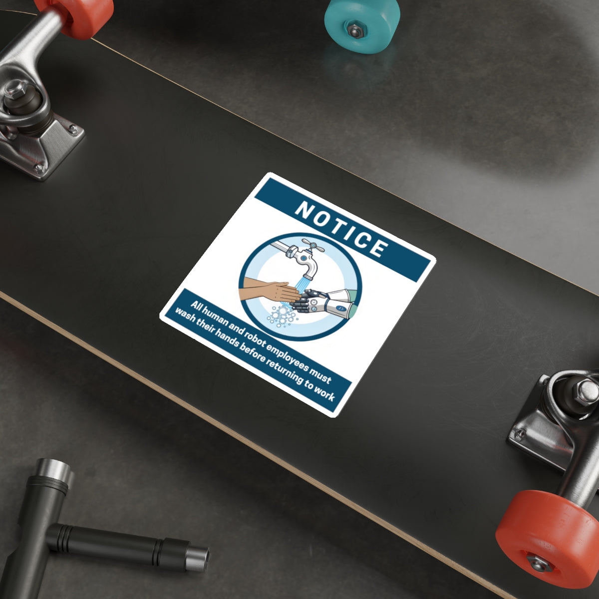 Employees Must Wash Hands | Humorous Notice Die-Cut Stickers | Robot & Human Hygiene Reminder, Funny Office Decor, Workplace Humor