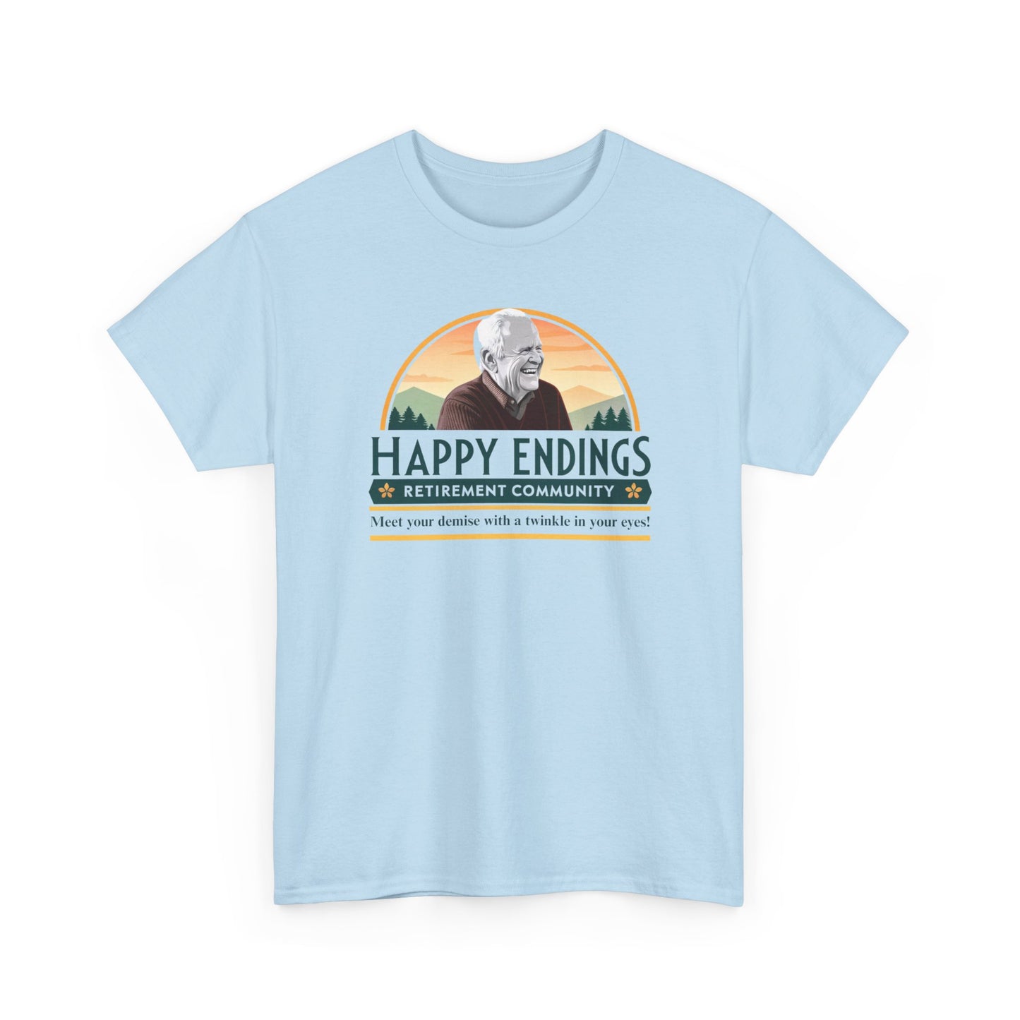 Retirement Community Tee - Happy Endings Fun Shirt, Unisex Cotton Tee, Gift for Retiree, Retirement Party Tee, Humor Shirt