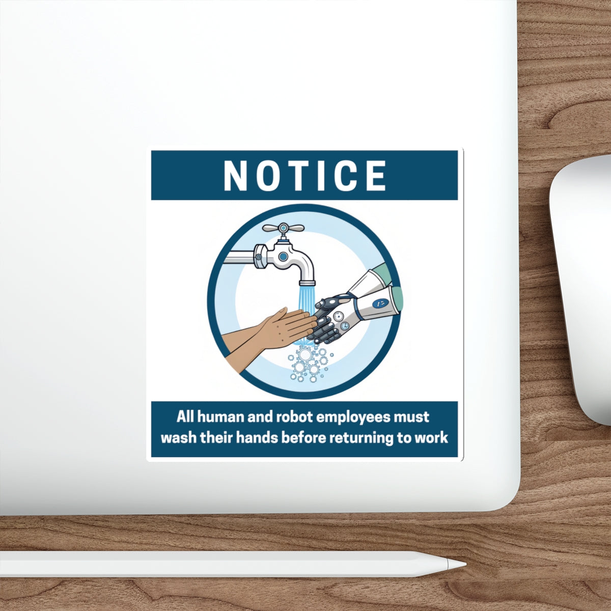 Employees Must Wash Hands | Humorous Notice Die-Cut Stickers | Robot & Human Hygiene Reminder, Funny Office Decor, Workplace Humor