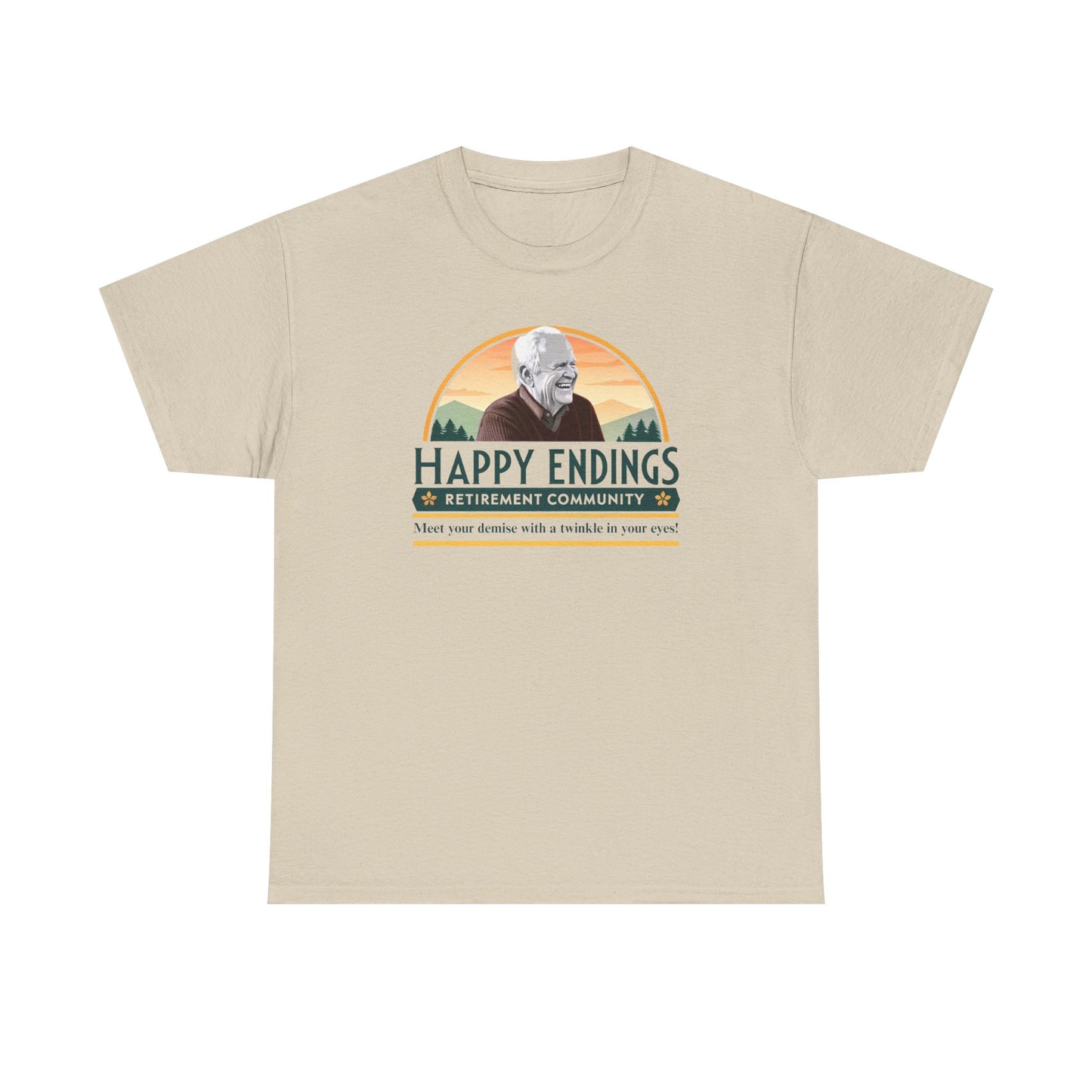 Retirement Community Tee - Happy Endings Fun Shirt, Unisex Cotton Tee, Gift for Retiree, Retirement Party Tee, Humor Shirt