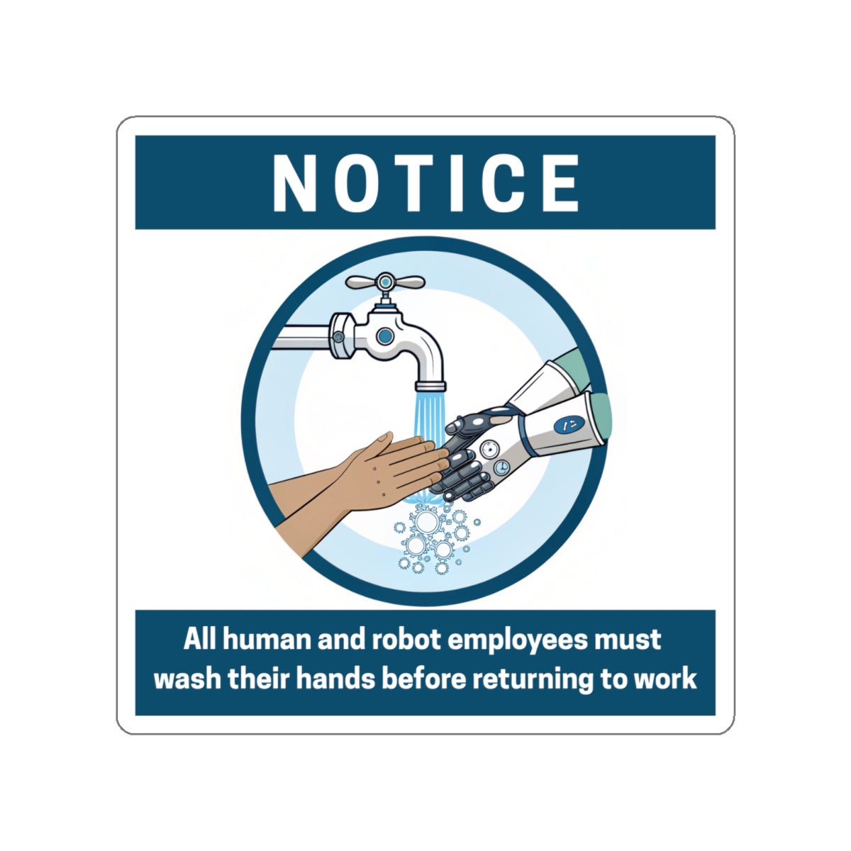 Employees Must Wash Hands | Humorous Notice Die-Cut Stickers | Robot & Human Hygiene Reminder, Funny Office Decor, Workplace Humor