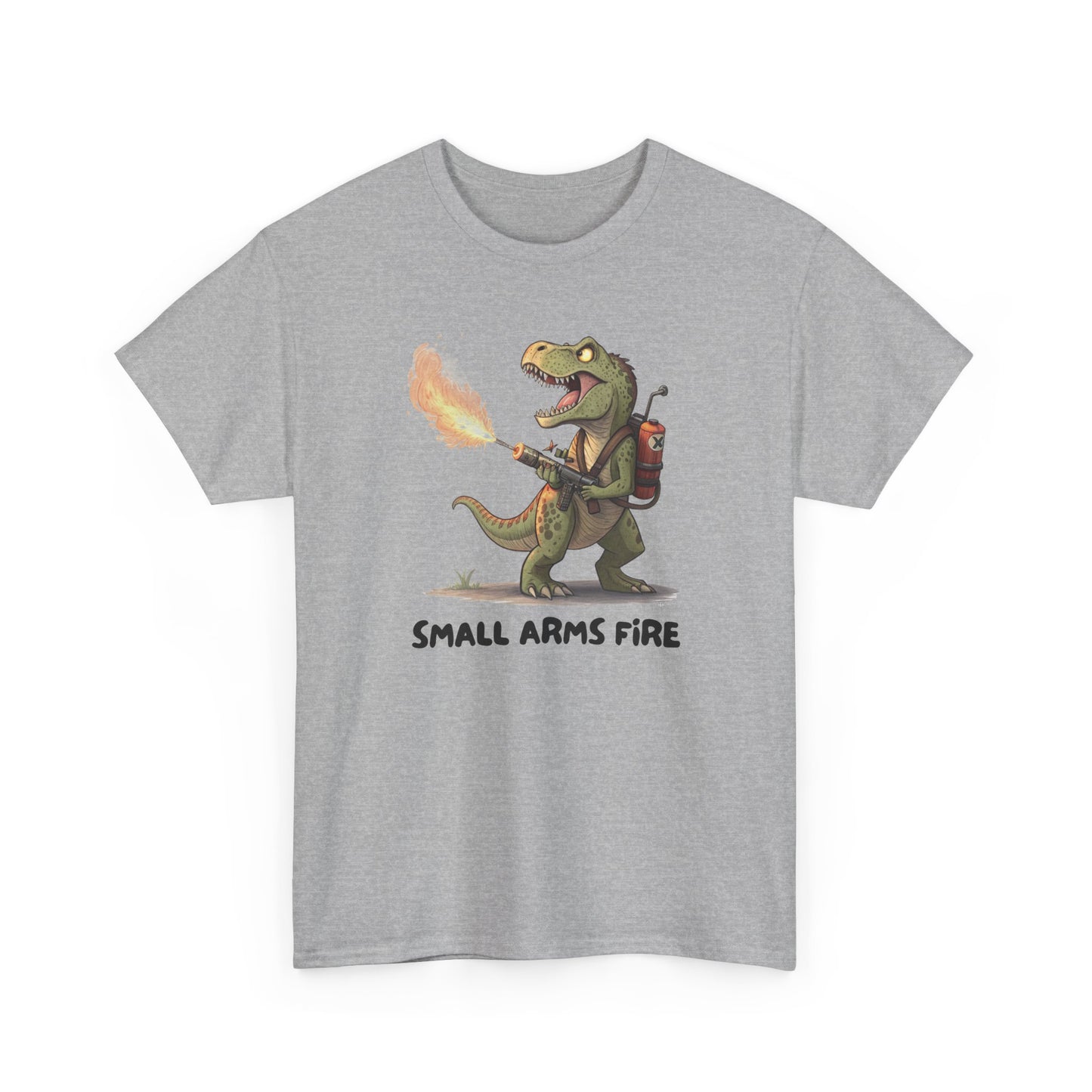 Small Arms Fire | Funny Dinosaur Tee, Unisex Cotton T-Shirt, Gift for Dino Lovers, Casual Wear, Birthday, Humor Tee, Small Arms Fire