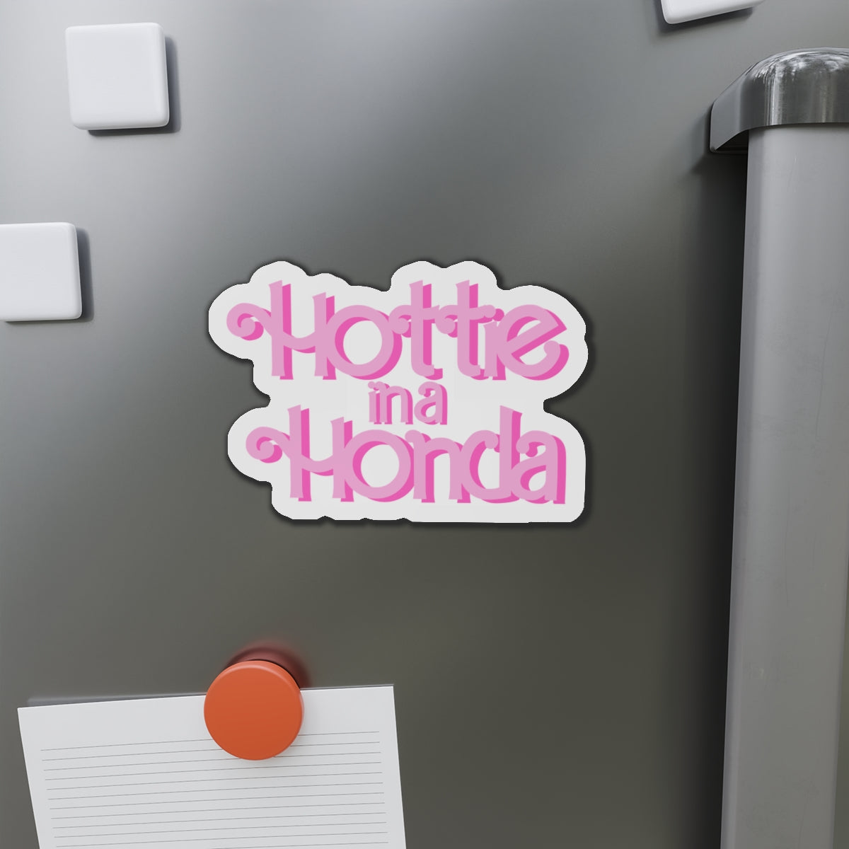 Hottie in a Honda Car Magnet, Trendy Refrigerator Decor, Fun Gift for Car Enthusiasts, Pink Die-Cut Magnet, Cute Home Accessories