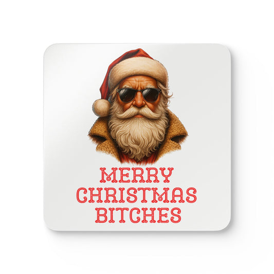 Merry Christmas Bitches Cork Drinks Coasters | Santa Rizz Decor | Holiday Gifts | White Elephant Gifts | Holiday Drink Coaster Set