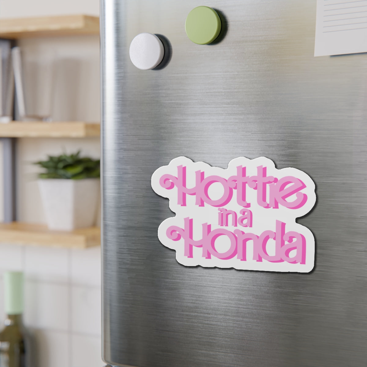 Hottie in a Honda Car Magnet, Trendy Refrigerator Decor, Fun Gift for Car Enthusiasts, Pink Die-Cut Magnet, Cute Home Accessories