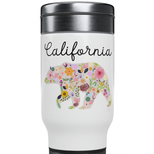 California Bear Floral Flowers Stainless Steel Travel Mug with Handle, 14oz