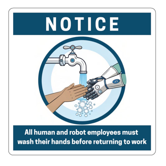 Employees Must Wash Hands | Humorous Notice Die-Cut Stickers | Robot & Human Hygiene Reminder, Funny Office Decor, Workplace Humor