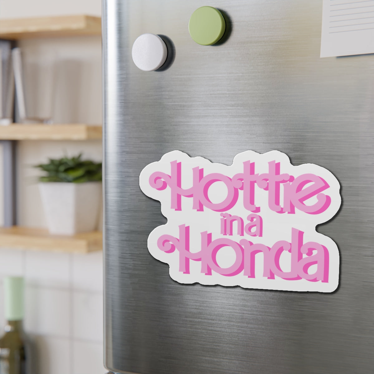 Hottie in a Honda Car Magnet, Trendy Refrigerator Decor, Fun Gift for Car Enthusiasts, Pink Die-Cut Magnet, Cute Home Accessories