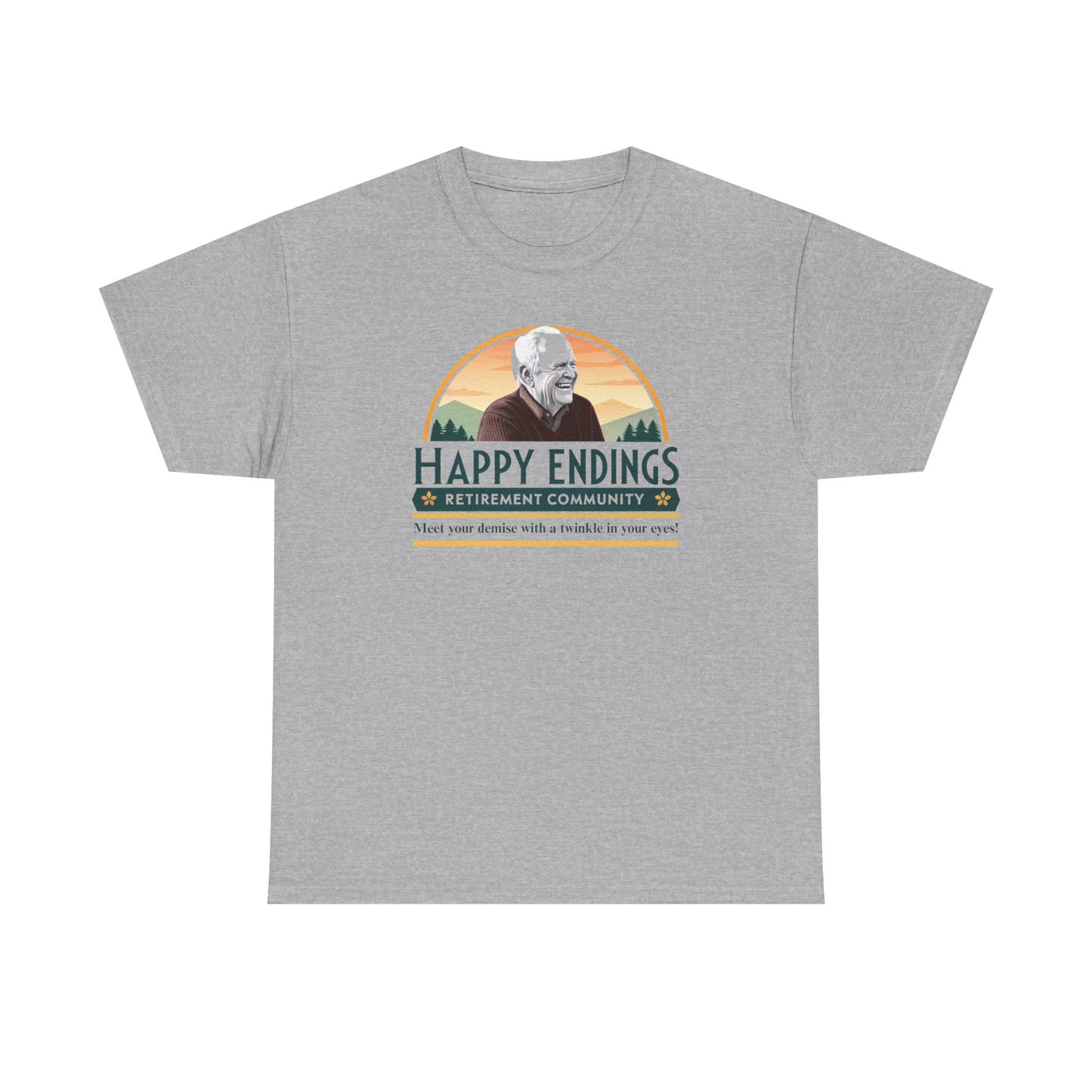 Retirement Community Tee - Happy Endings Fun Shirt, Unisex Cotton Tee, Gift for Retiree, Retirement Party Tee, Humor Shirt