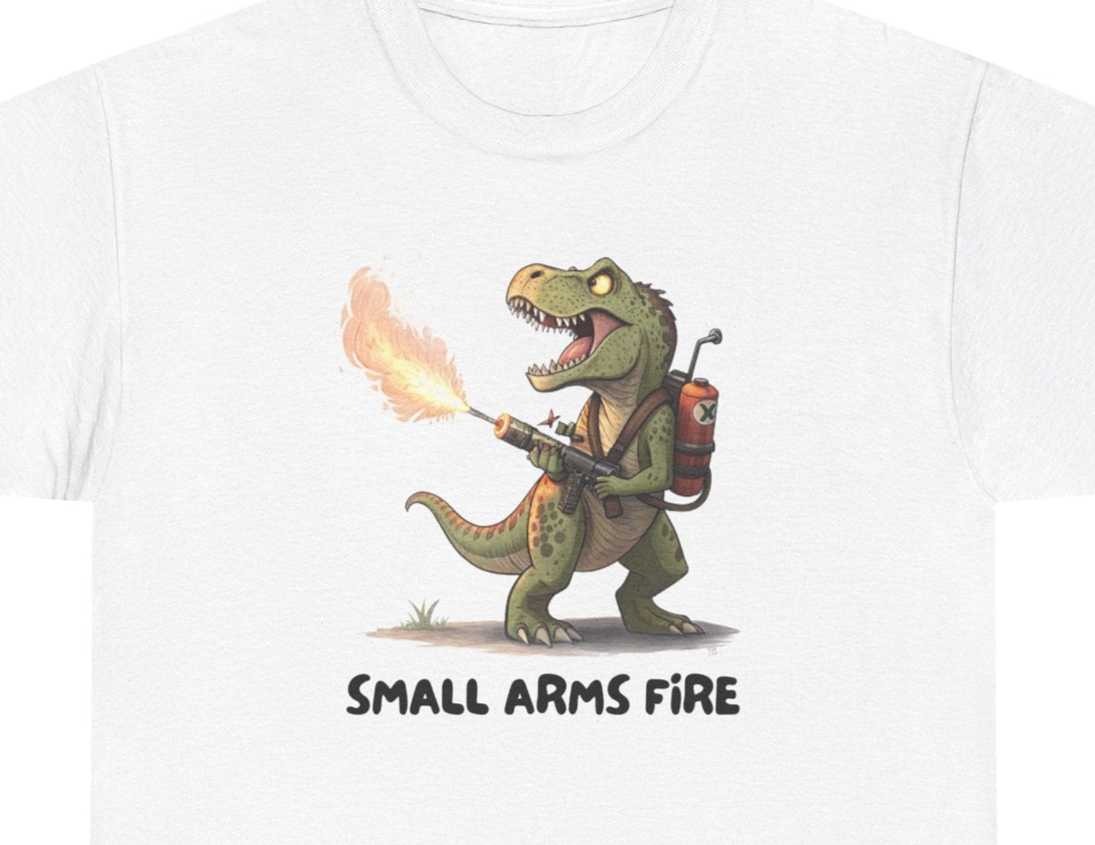Small Arms Fire | Funny Dinosaur Tee, Unisex Cotton T-Shirt, Gift for Dino Lovers, Casual Wear, Birthday, Humor Tee, Small Arms Fire