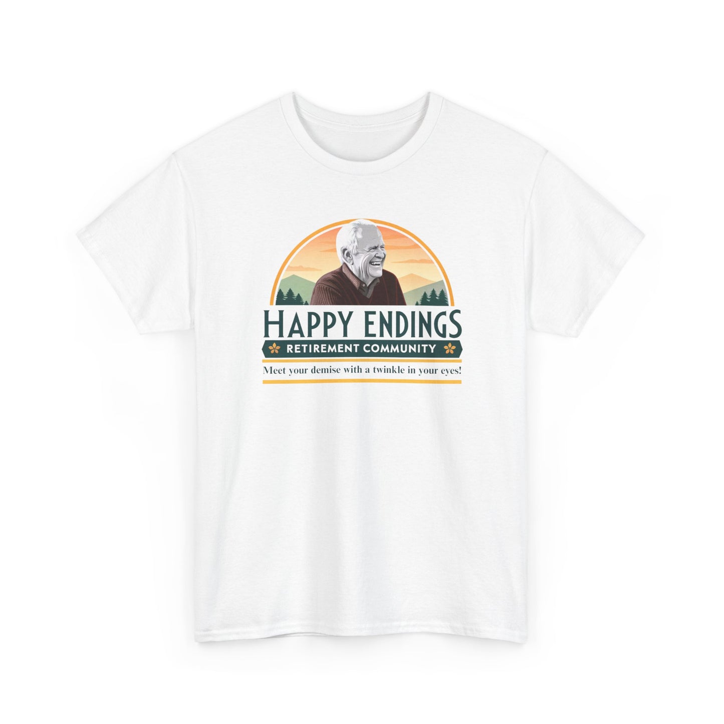 Retirement Community Tee - Happy Endings Fun Shirt, Unisex Cotton Tee, Gift for Retiree, Retirement Party Tee, Humor Shirt