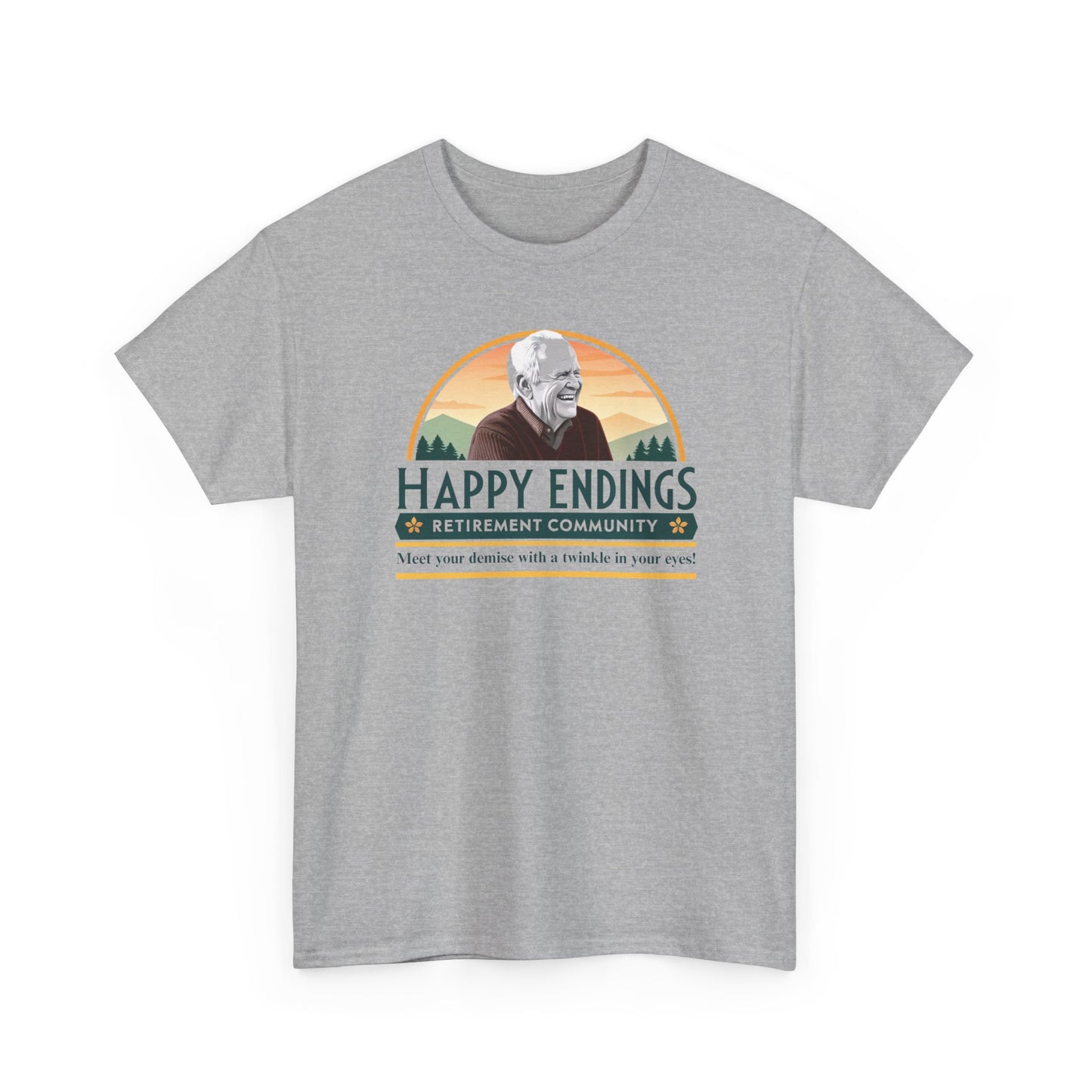 Retirement Community Tee - Happy Endings Fun Shirt, Unisex Cotton Tee, Gift for Retiree, Retirement Party Tee, Humor Shirt