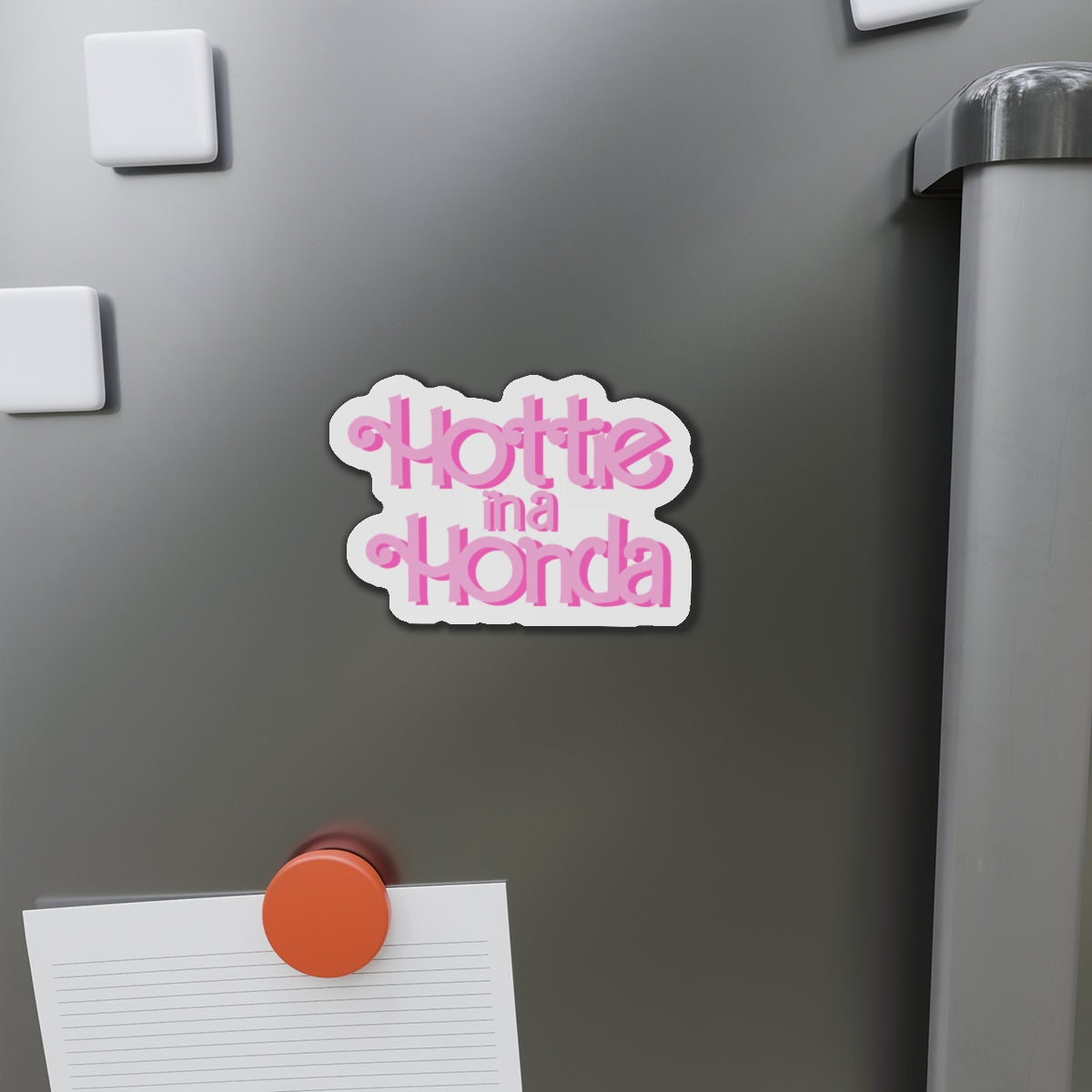 Hottie in a Honda Car Magnet, Trendy Refrigerator Decor, Fun Gift for Car Enthusiasts, Pink Die-Cut Magnet, Cute Home Accessories