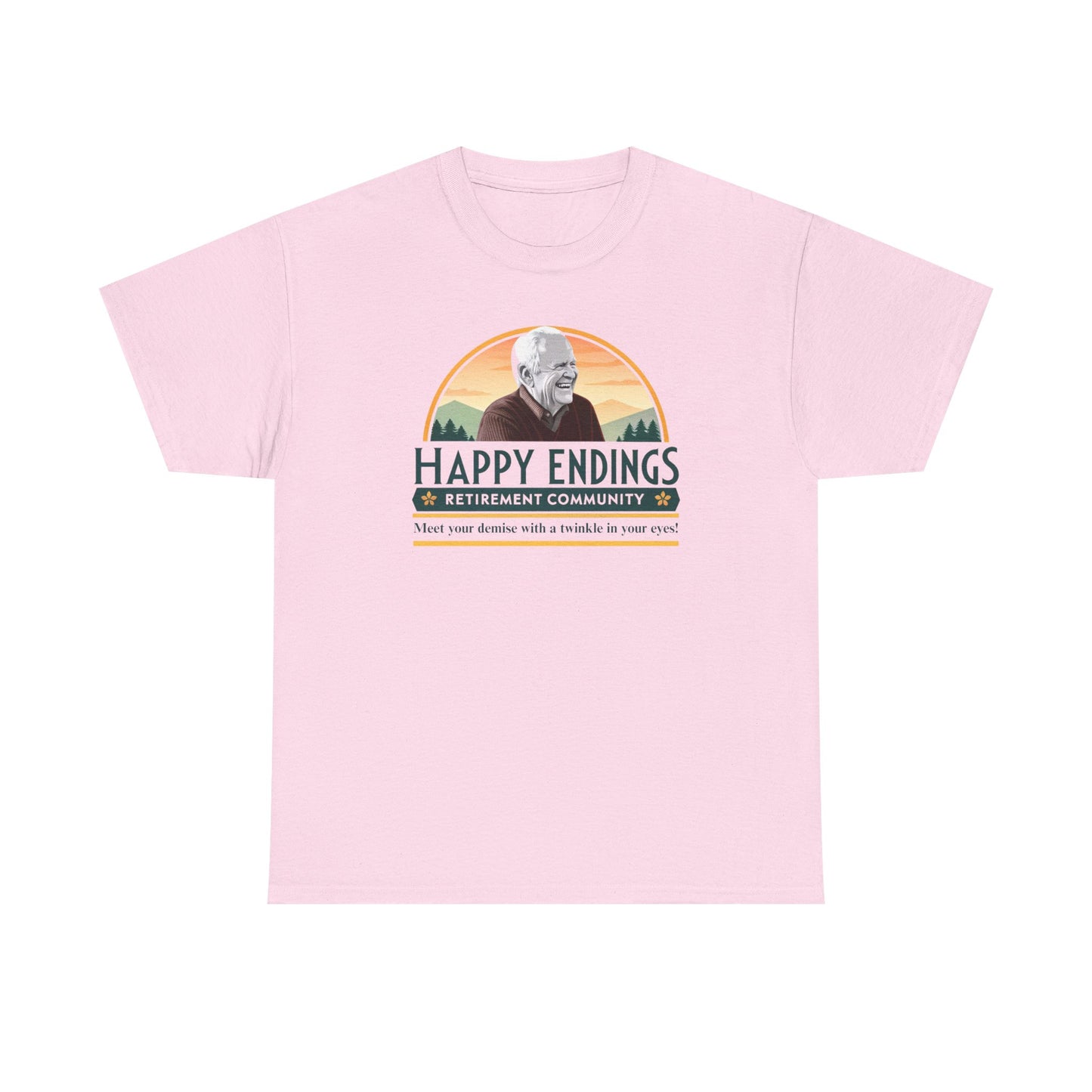 Retirement Community Tee - Happy Endings Fun Shirt, Unisex Cotton Tee, Gift for Retiree, Retirement Party Tee, Humor Shirt