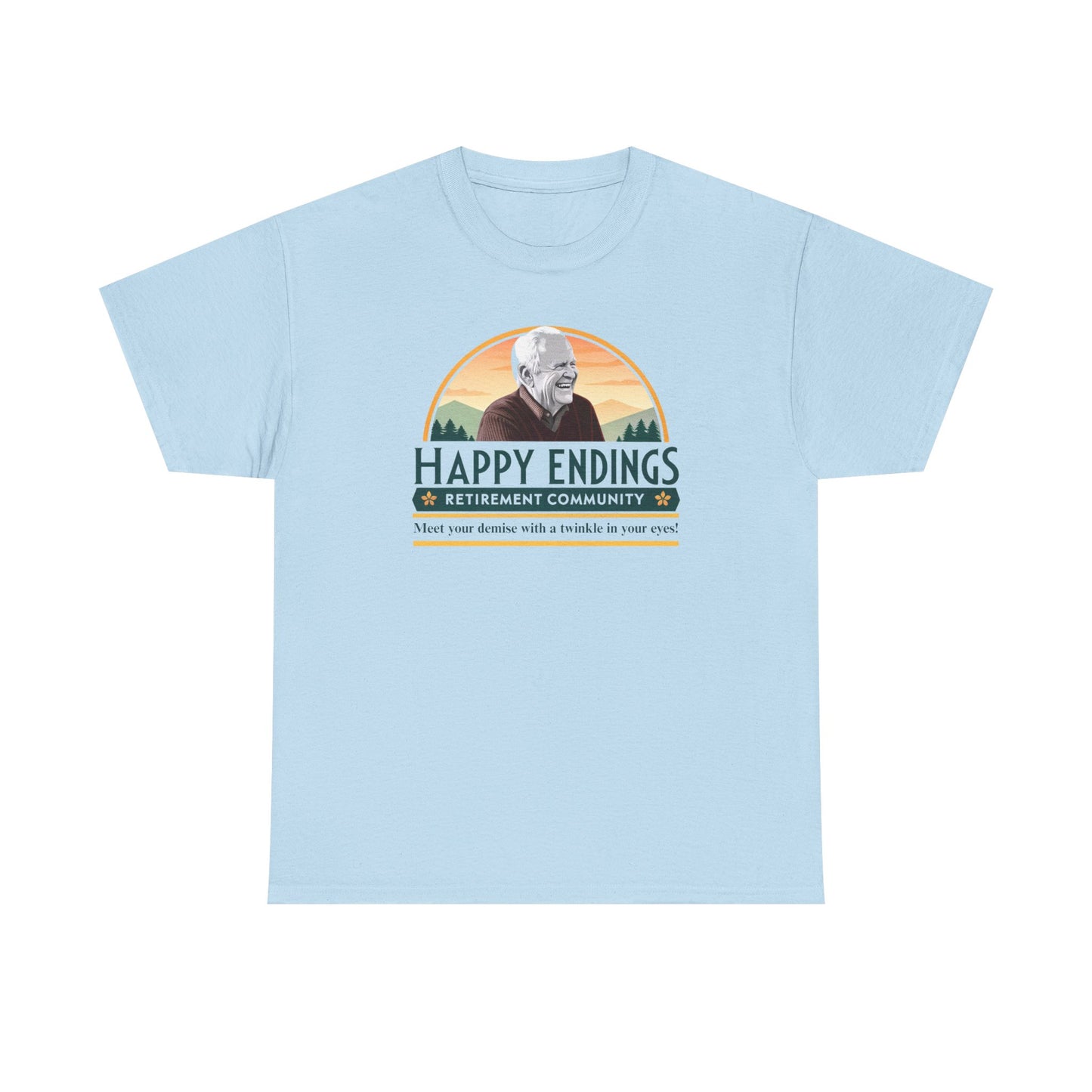 Retirement Community Tee - Happy Endings Fun Shirt, Unisex Cotton Tee, Gift for Retiree, Retirement Party Tee, Humor Shirt