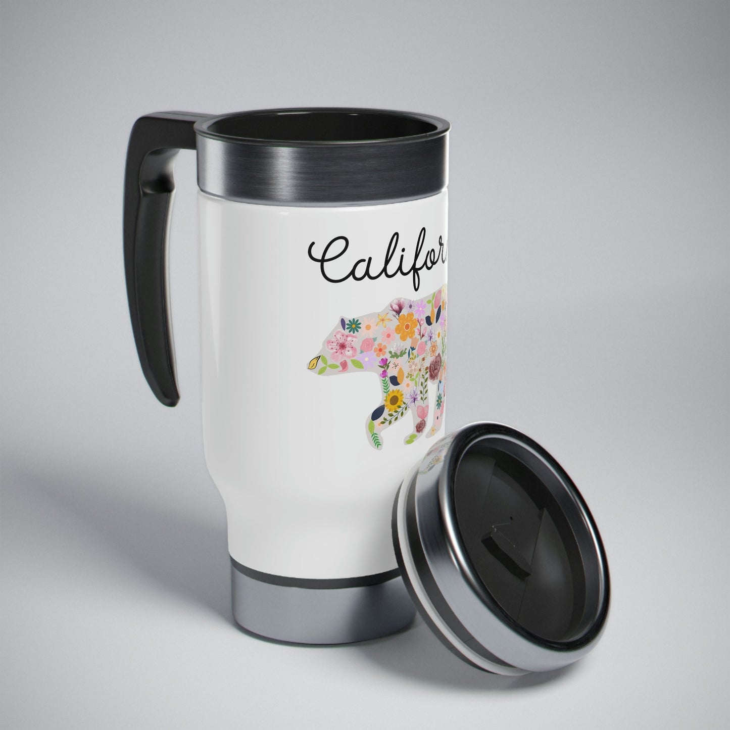 California Bear Floral Flowers Stainless Steel Travel Mug with Handle, 14oz