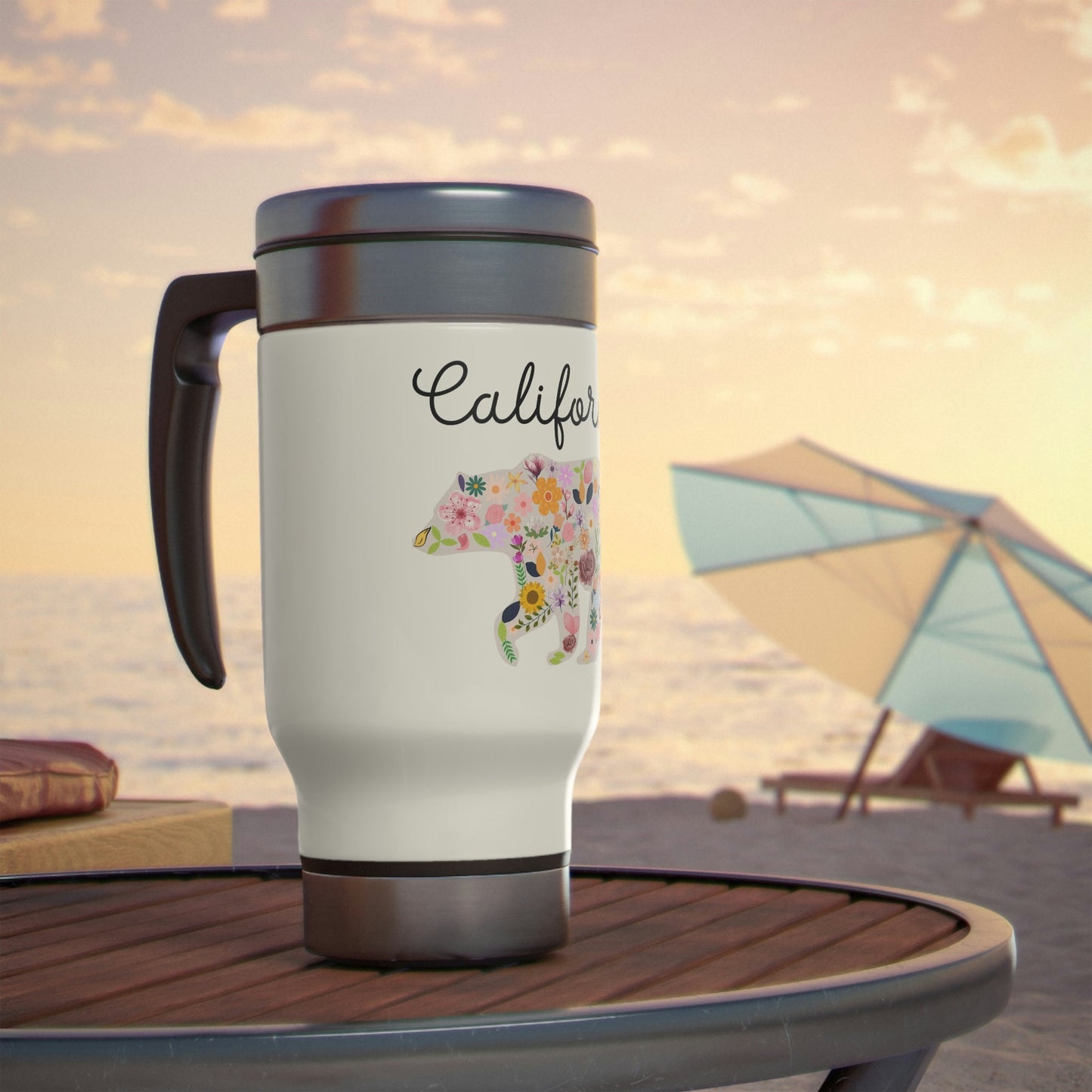 California Bear Floral Flowers Stainless Steel Travel Mug with Handle, 14oz
