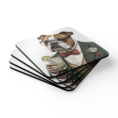 Hair of the Dog "Bulldog" Stylish Dog-Themed Cork Coaster Set, Bulldog Coasters, Home Bar Decor, Dog Lover Gift, Unique Housewarming Present