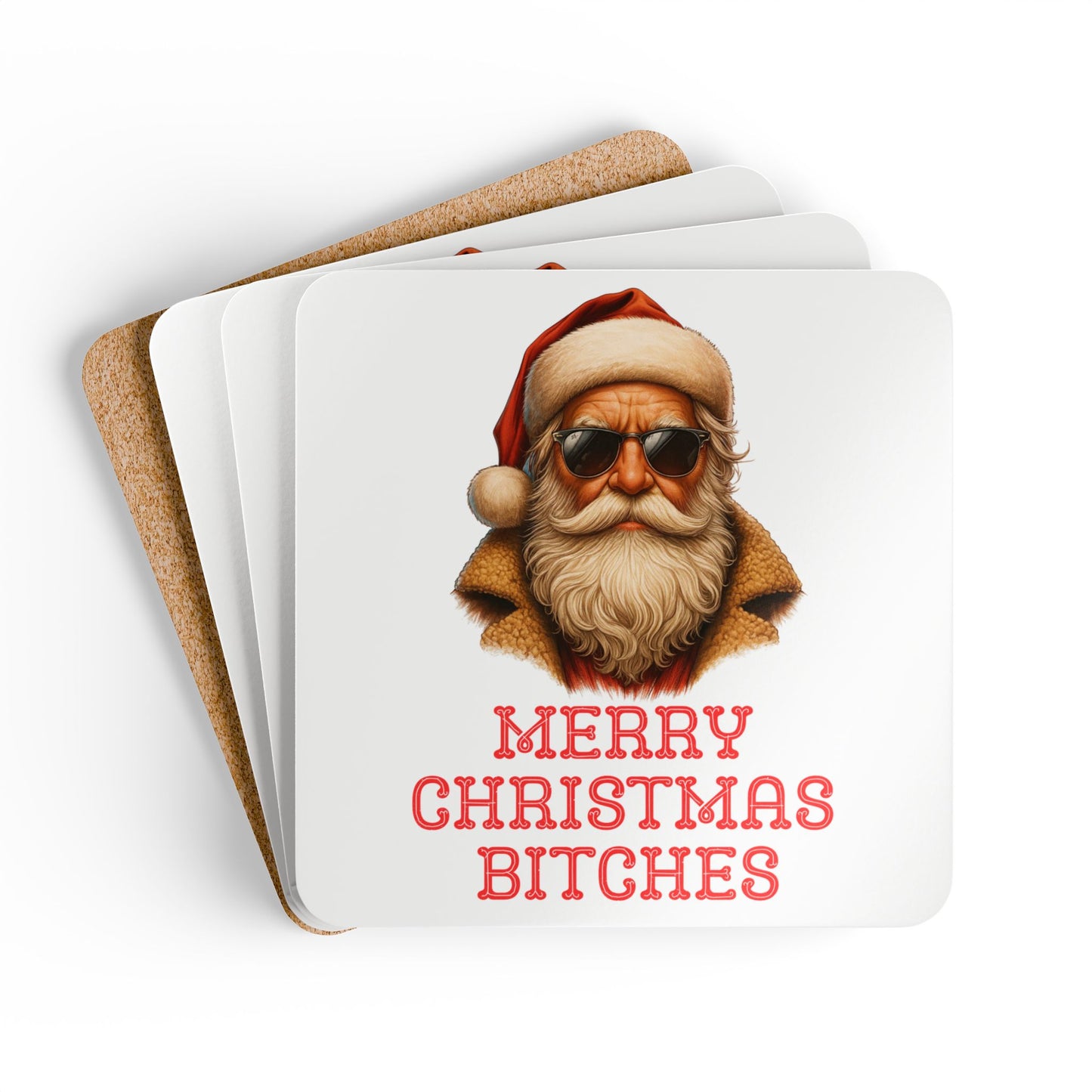 Merry Christmas Bitches Cork Drinks Coasters | Santa Rizz Decor | Holiday Gifts | White Elephant Gifts | Holiday Drink Coaster Set