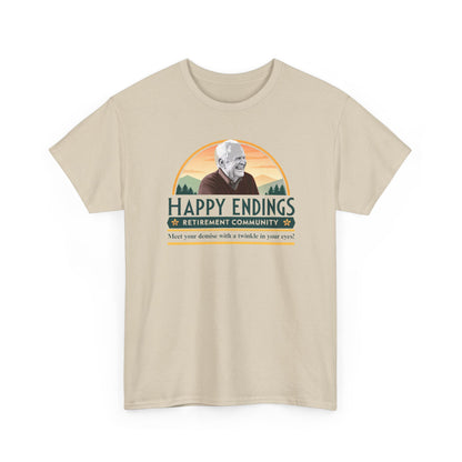 Retirement Community Tee - Happy Endings Fun Shirt, Unisex Cotton Tee, Gift for Retiree, Retirement Party Tee, Humor Shirt