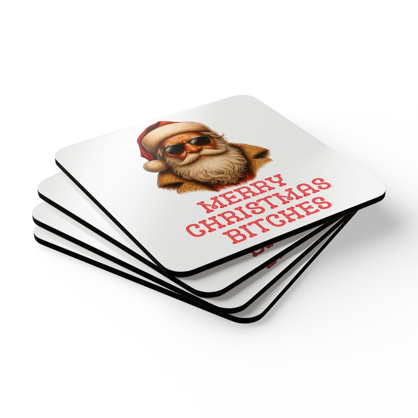 Merry Christmas Bitches Cork Drinks Coasters | Santa Rizz Decor | Holiday Gifts | White Elephant Gifts | Holiday Drink Coaster Set