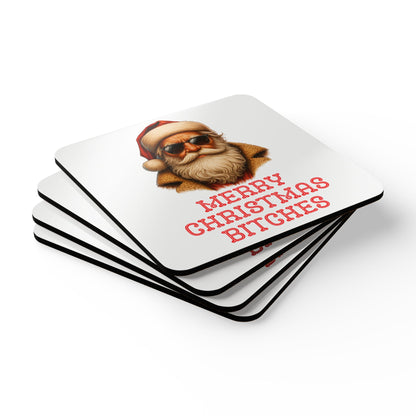 Merry Christmas Bitches Cork Drinks Coasters | Santa Rizz Decor | Holiday Gifts | White Elephant Gifts | Holiday Drink Coaster Set