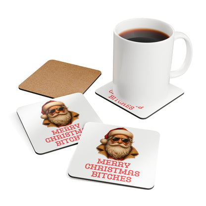 Merry Christmas Bitches Cork Drinks Coasters | Santa Rizz Decor | Holiday Gifts | White Elephant Gifts | Holiday Drink Coaster Set