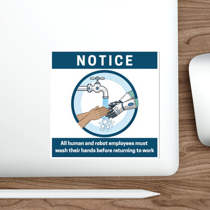 Employees Must Wash Hands | Humorous Notice Die-Cut Stickers | Robot & Human Hygiene Reminder, Funny Office Decor, Workplace Humor
