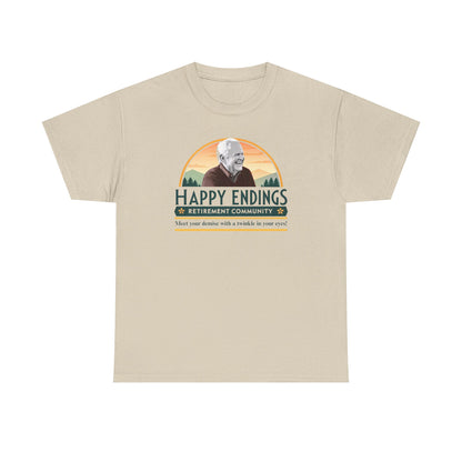 Retirement Community Tee - Happy Endings Fun Shirt, Unisex Cotton Tee, Gift for Retiree, Retirement Party Tee, Humor Shirt