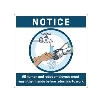 Employees Must Wash Hands | Humorous Notice Die-Cut Stickers | Robot & Human Hygiene Reminder, Funny Office Decor, Workplace Humor