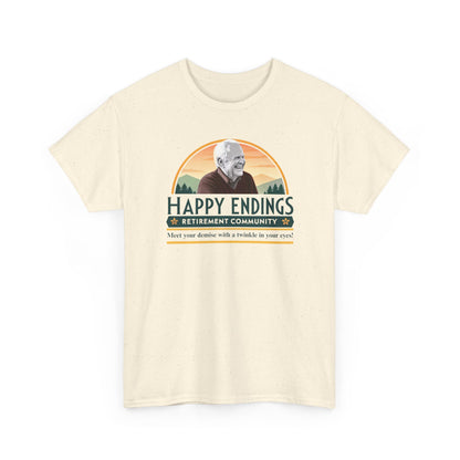 Retirement Community Tee - Happy Endings Fun Shirt, Unisex Cotton Tee, Gift for Retiree, Retirement Party Tee, Humor Shirt