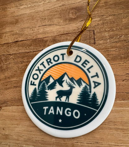 Foxtrot Delta Tango Mountain Scene Ceramic Ornaments, Reindeer Christmas Decor, Handmade Holiday Gift, Personalized Tree Decorations