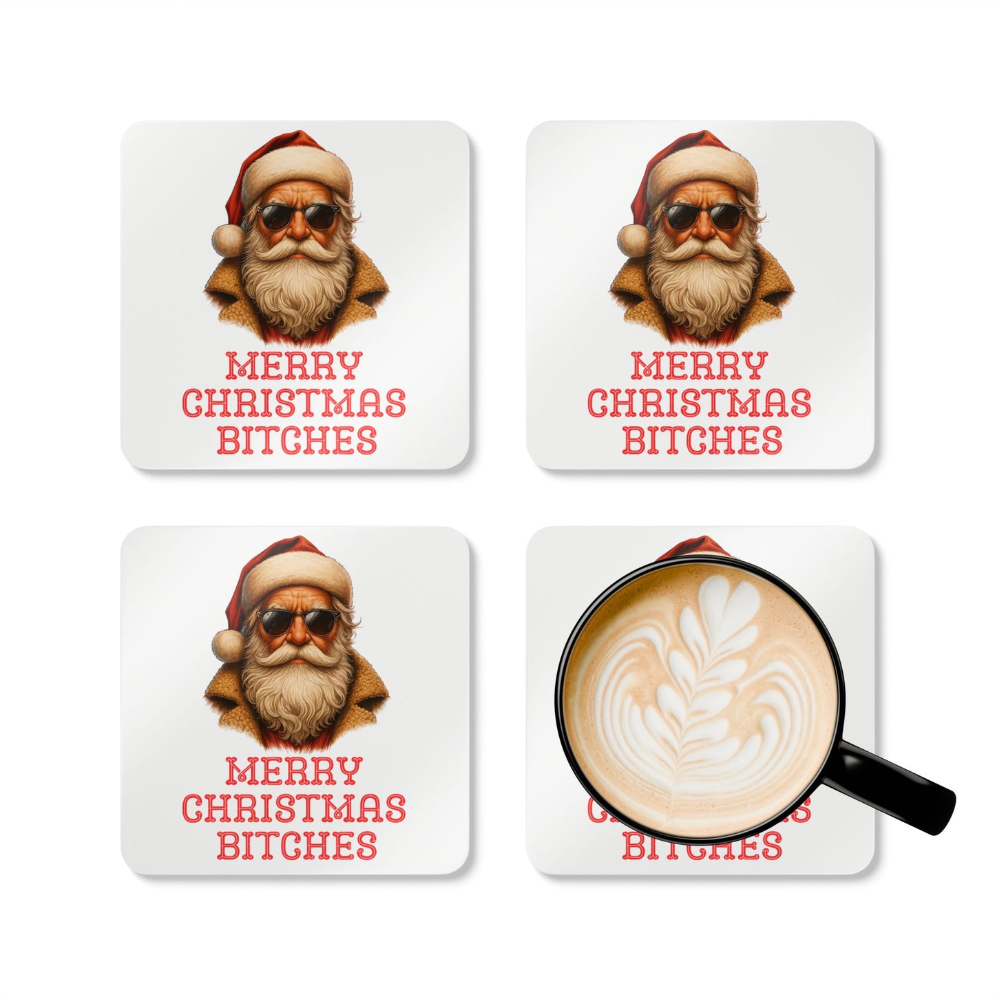 Merry Christmas Bitches Cork Drinks Coasters | Santa Rizz Decor | Holiday Gifts | White Elephant Gifts | Holiday Drink Coaster Set