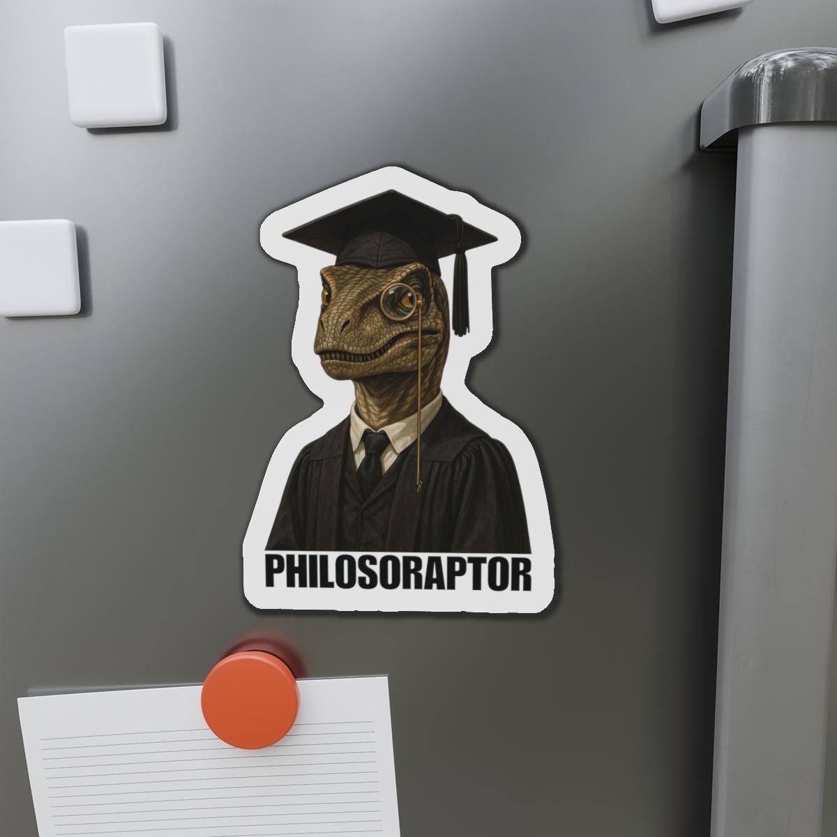 Philosoraptor Die-Cut Magnet | Funny Graduation Decor, Cool Gift for Graduates, Quirky Kitchen Magnet, Unique Home Decor, Educational Gift