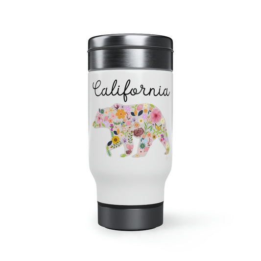 California Bear Floral Flowers Stainless Steel Travel Mug with Handle, 14oz