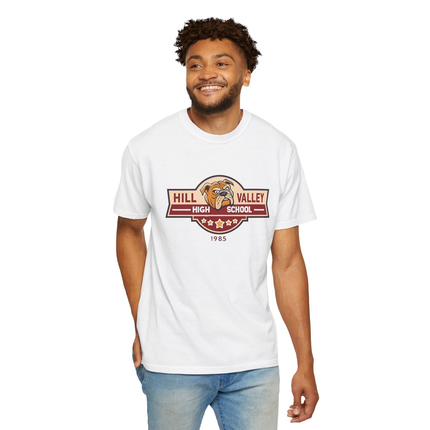 Hill Valley High School T-Shirt Back to the Future Bulldog Tee, 1985 Retro Unisex Shirt, Vintage School Spirit Gift, Movie-Inspired Apparel