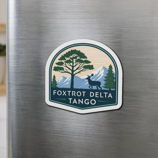Foxtrot Delta Tango Nature-Themed Die-Cut Magnets, Outdoor Decor, Foxtrot Delta Tango, Eco-Friendly, Gift for Adventurers, Mountain Lovers