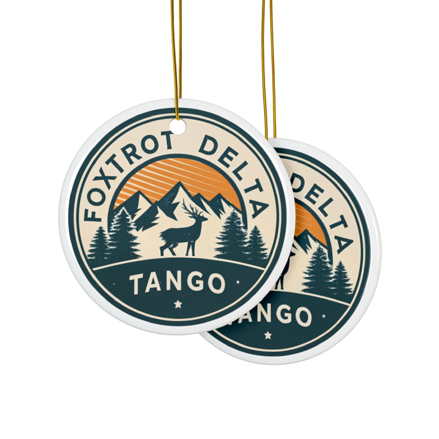 Foxtrot Delta Tango Mountain Scene Ceramic Ornaments, Reindeer Christmas Decor, Handmade Holiday Gift, Personalized Tree Decorations