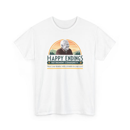Retirement Community Tee - Happy Endings Fun Shirt, Unisex Cotton Tee, Gift for Retiree, Retirement Party Tee, Humor Shirt