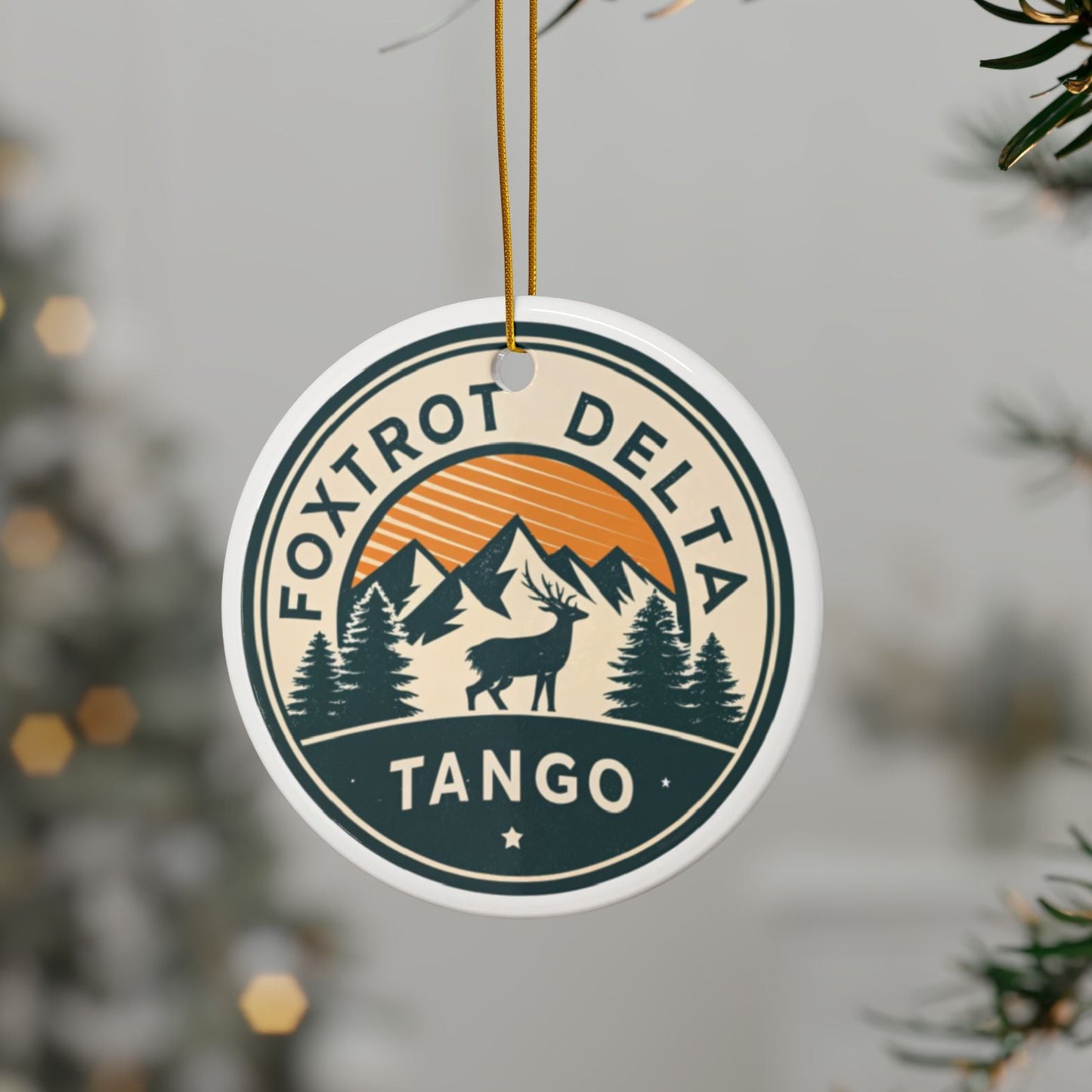 Foxtrot Delta Tango Mountain Scene Ceramic Ornaments, Reindeer Christmas Decor, Handmade Holiday Gift, Personalized Tree Decorations