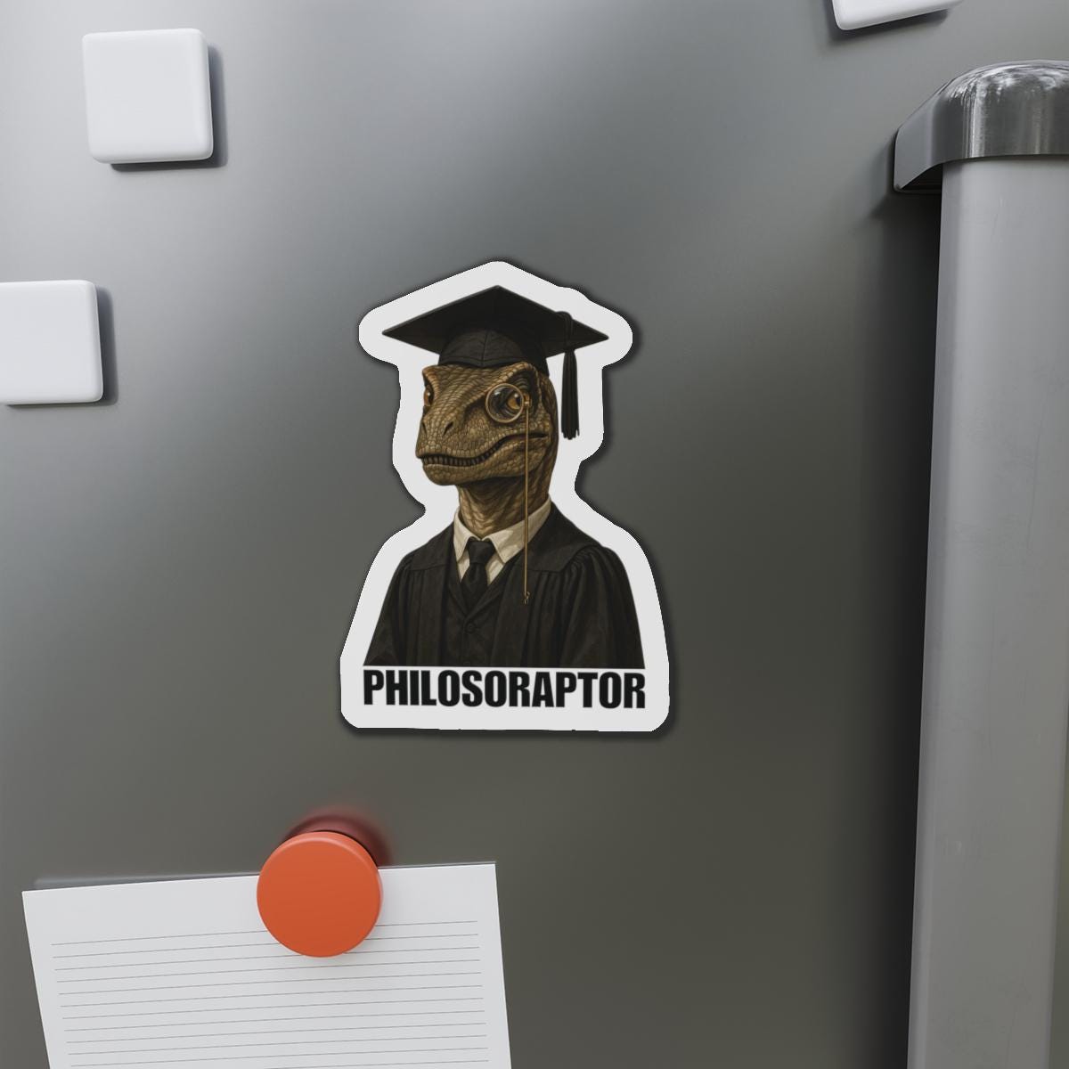 Philosoraptor Die-Cut Magnet | Funny Graduation Decor, Cool Gift for Graduates, Quirky Kitchen Magnet, Unique Home Decor, Educational Gift