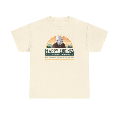 Retirement Community Tee - Happy Endings Fun Shirt, Unisex Cotton Tee, Gift for Retiree, Retirement Party Tee, Humor Shirt