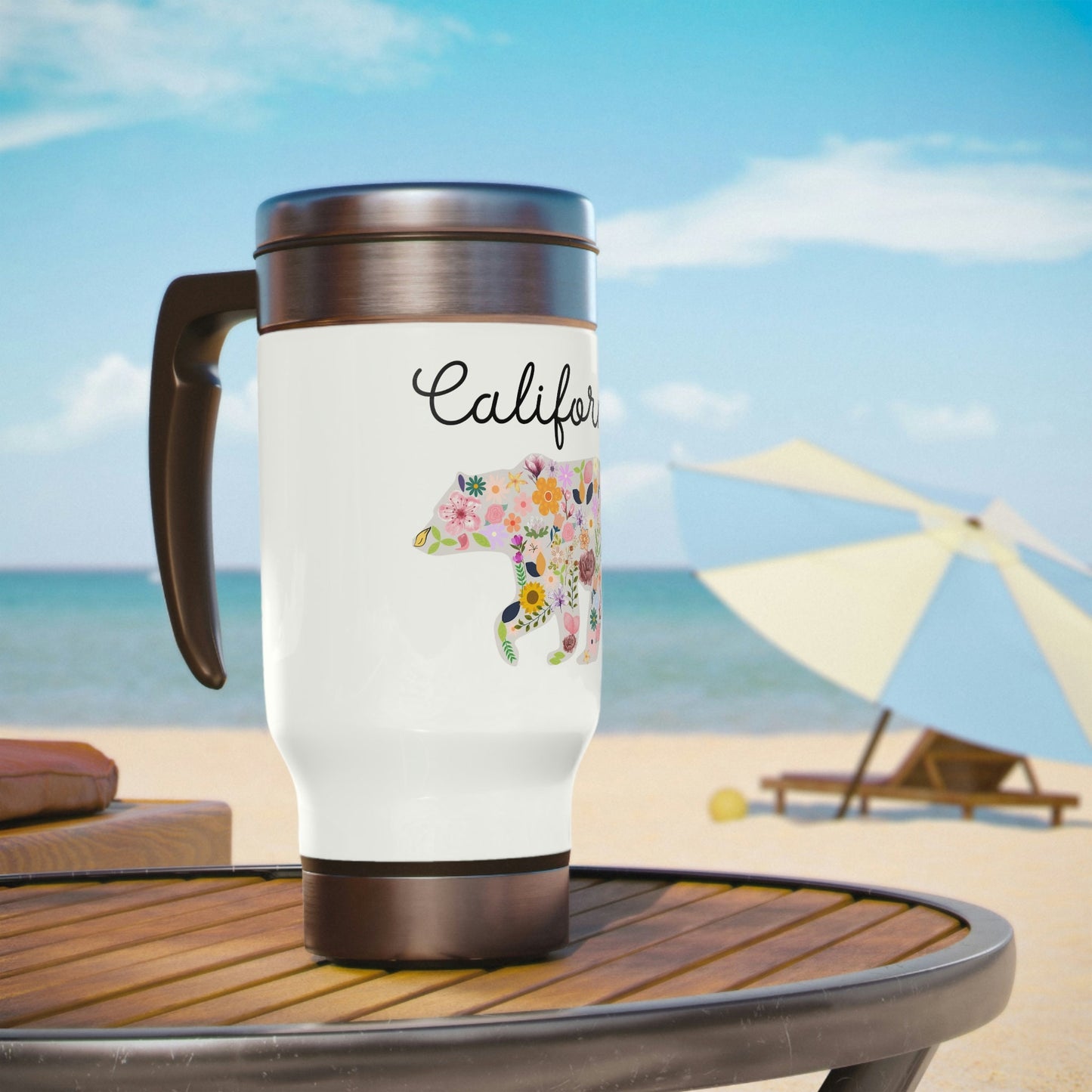 California Bear Floral Flowers Stainless Steel Travel Mug with Handle, 14oz