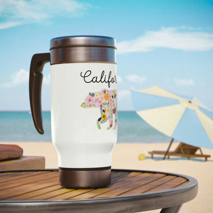 California Bear Floral Flowers Stainless Steel Travel Mug with Handle, 14oz