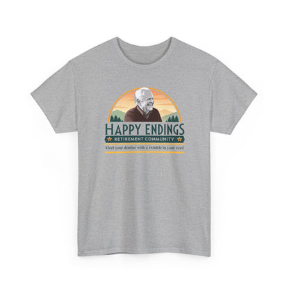 Retirement Community Tee - Happy Endings Fun Shirt, Unisex Cotton Tee, Gift for Retiree, Retirement Party Tee, Humor Shirt